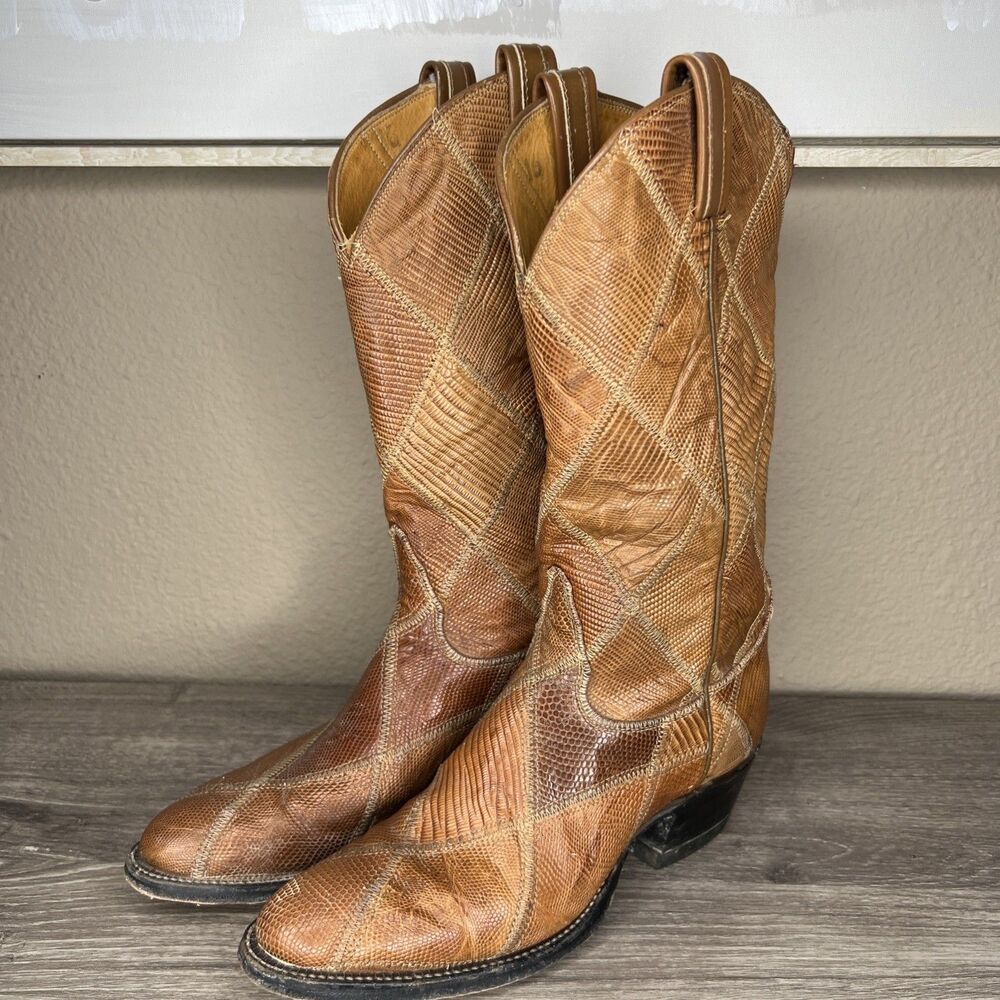Tony Lama Vintage Gold Label Teju Lizard Patchwork Cowboy Boots Size Mens 8 A